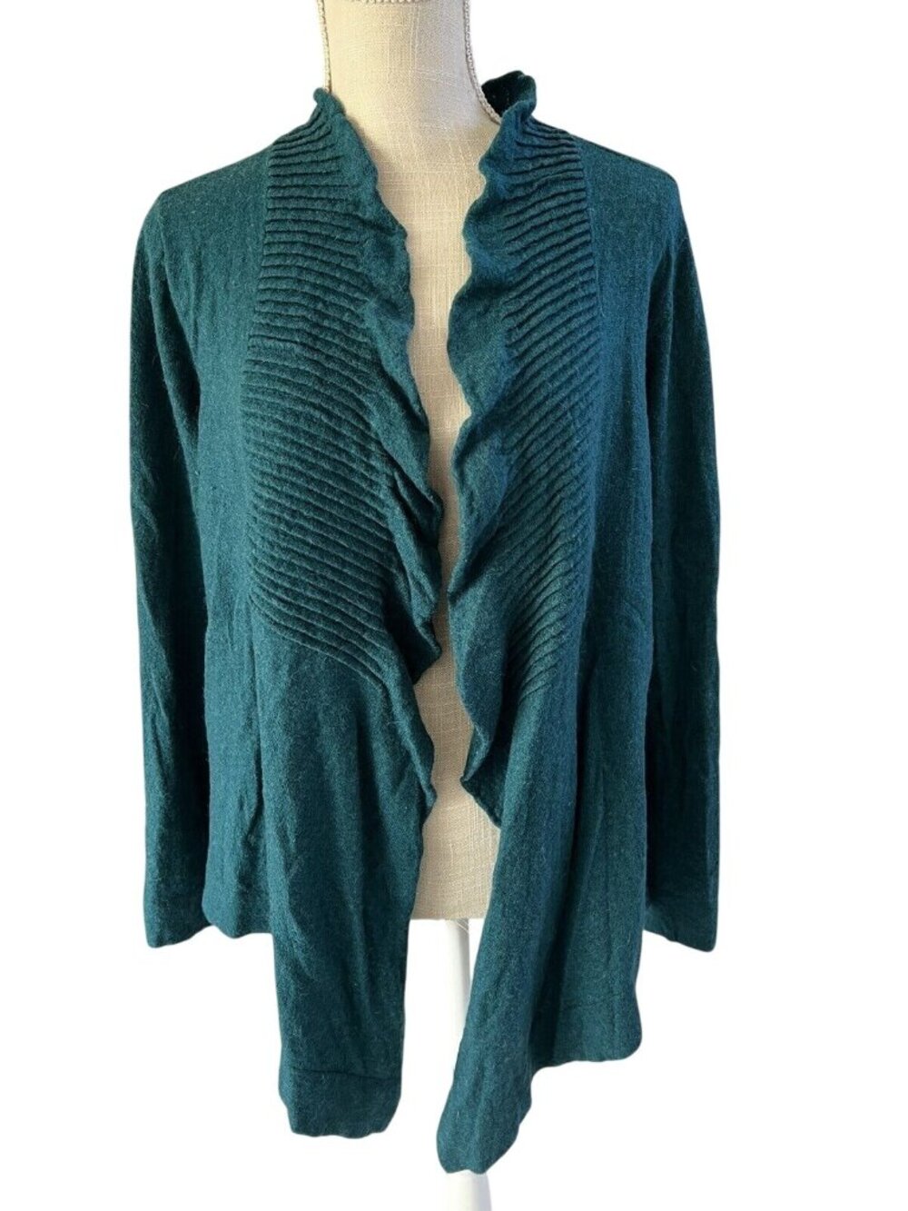 Calvin Klein Teal Ruffled Open Front Cardigan Size L Lightweight Long Sleeve